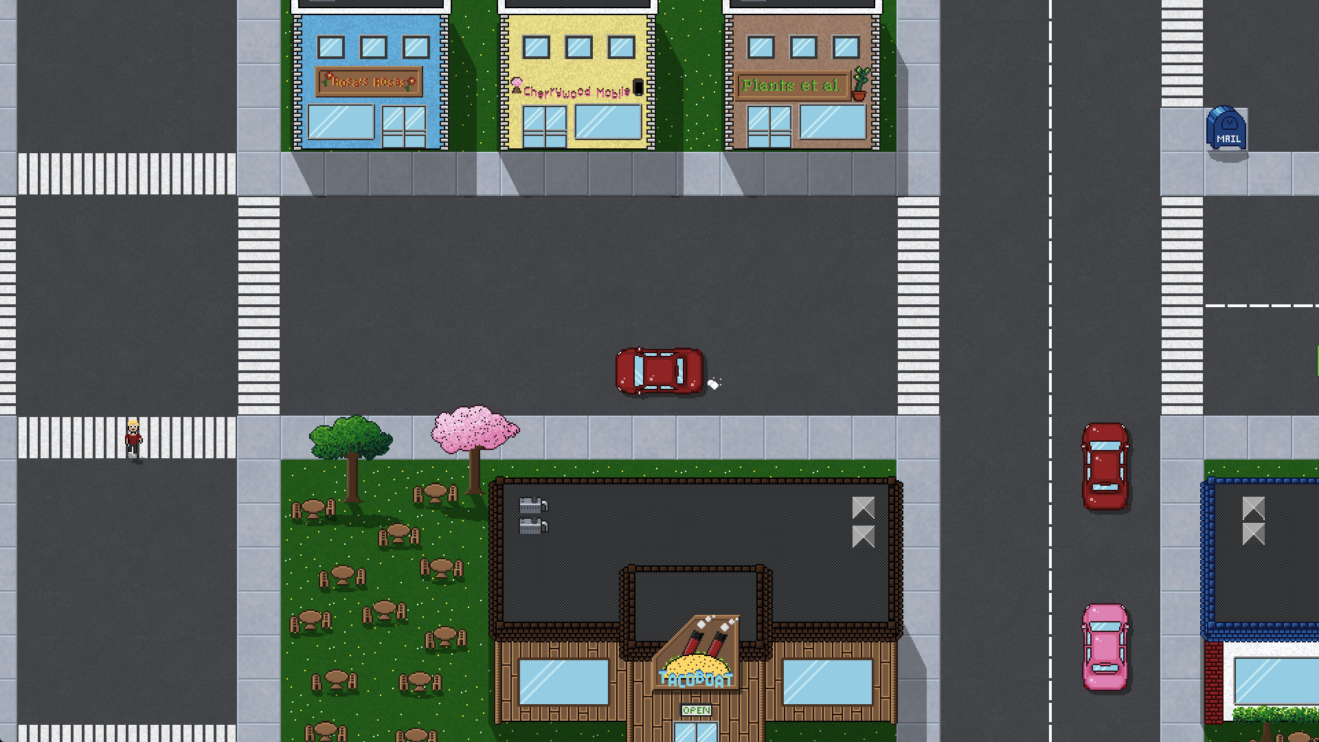 A Cherrywood shop street in Bite 2 ur Door, with a florist, a phone store, a plant shop, a cherry tree over a restaurant patio, and the player's red car in the road